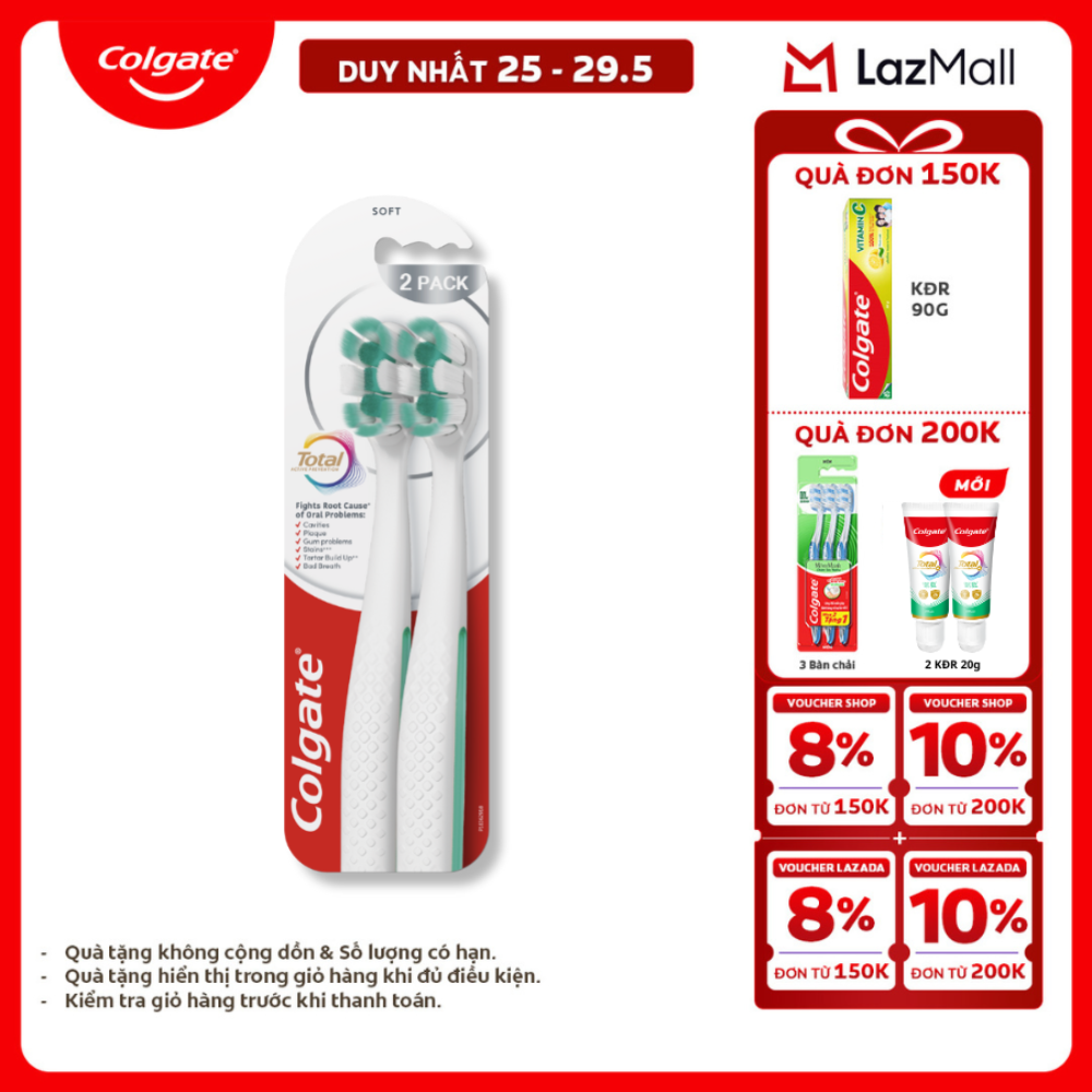 [Chỉ 25-29.5_X2 Voucher giảm 20%] [MỚI] Bộ 2 Bàn chải Colgate Total, công nghệ tạo bọt nhanh, ngăn ngừa 6 vấn đề răng miệng phổ biến