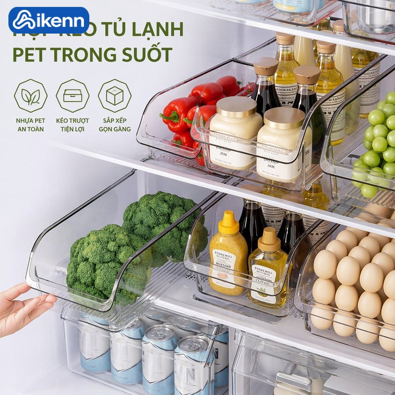 Aikenn Khay ngăn kéo tủ lạnh hộp lưu trữ thực phẩm nhựa trong suốt xếp chồng phân loại rau củ trứng đồ uống gọn bếp