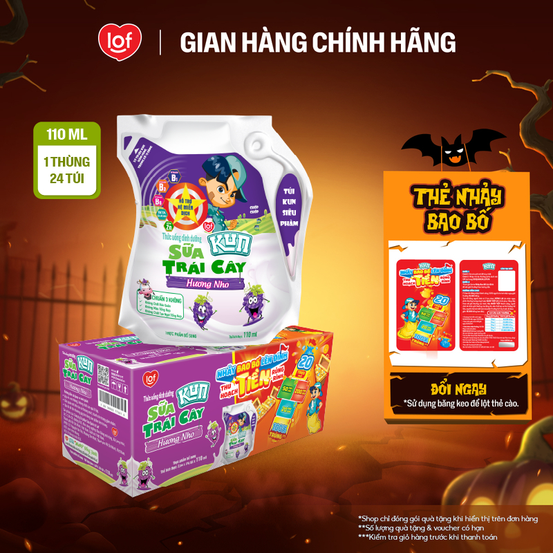 Sữa trái cây KUN vị nho thùng 24 túi x 110ml