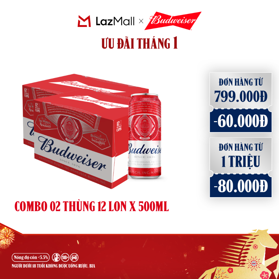  Combo 2 Thùng 12 Lon Bia Budweiser  500ml lon  