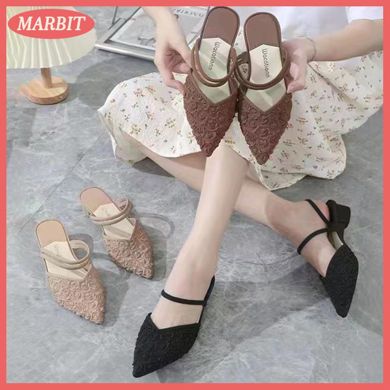 MARBIT Hot Sale รองเท้าแตะหัวแหลมแฟชั่นส้นแบนสำหรับใส่ทุกวันส้นเตี้ยสีทึบสำหรับใส่กลางแจ้งรองเท้าแตะครึ่งเท้าปิด ราคา 139 บาท*ส่งฟรี
