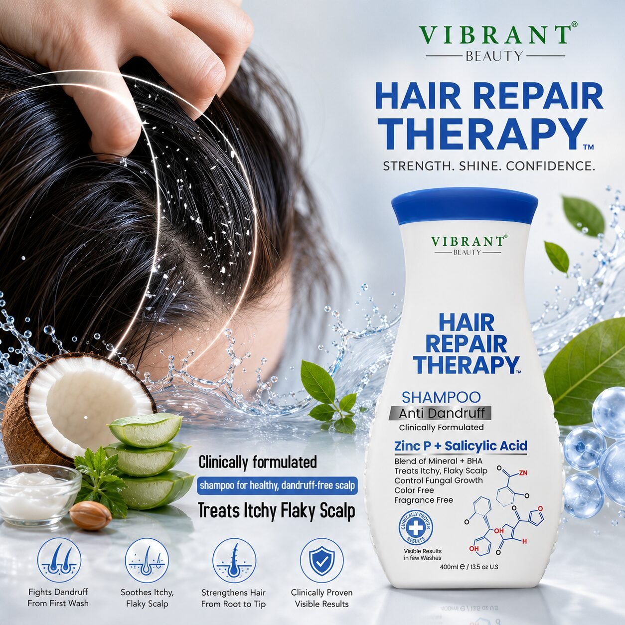 Vibrant Beauty Hair Repair Therapy Shampoo Anti Dandruff (Zinc P + Salicylic Acid) | Hair Cleansing Care | 400ml
