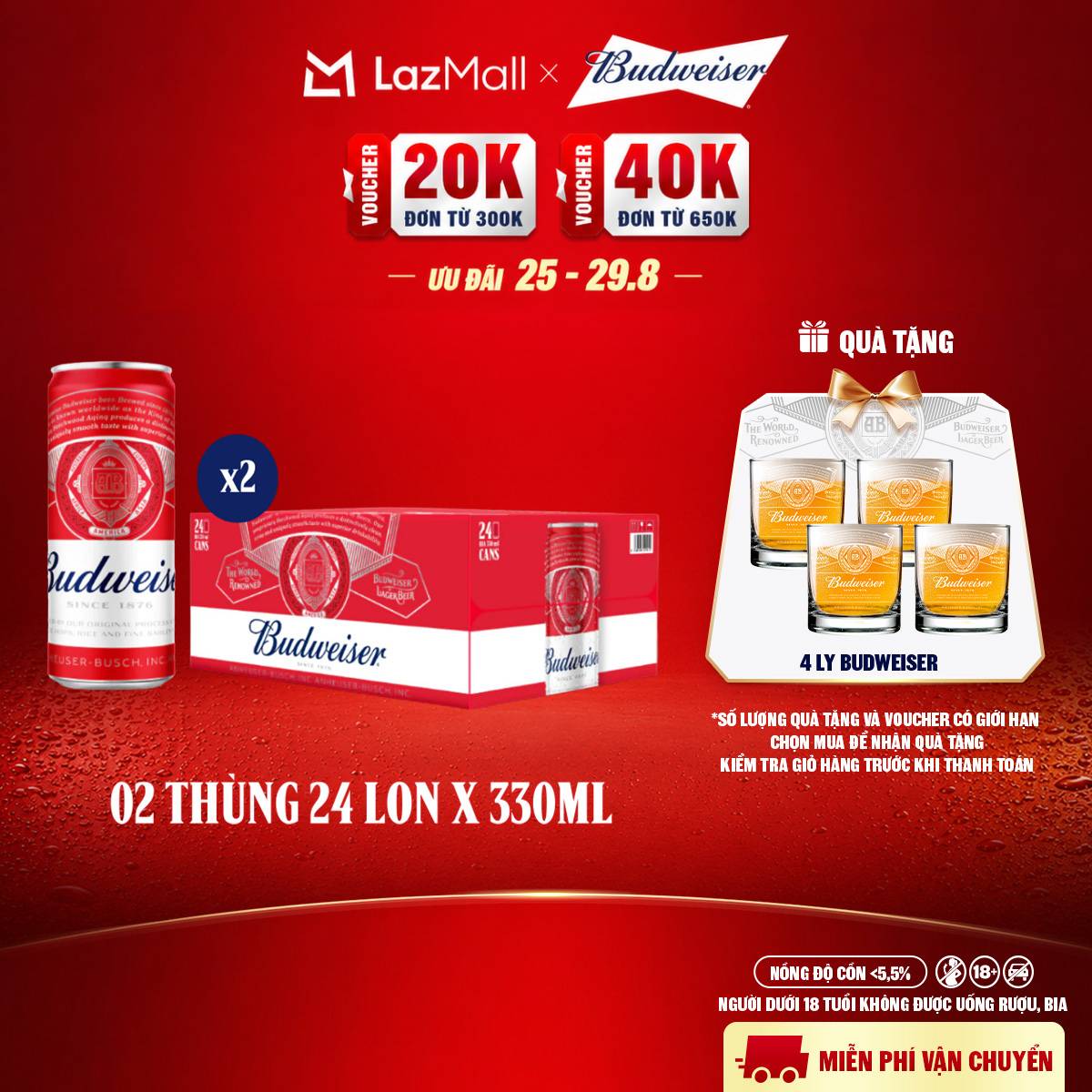 Combo 2 Thùng 24 Lon Bia Budweiser Sleek Can Chính Hãng (330ml/lon)
