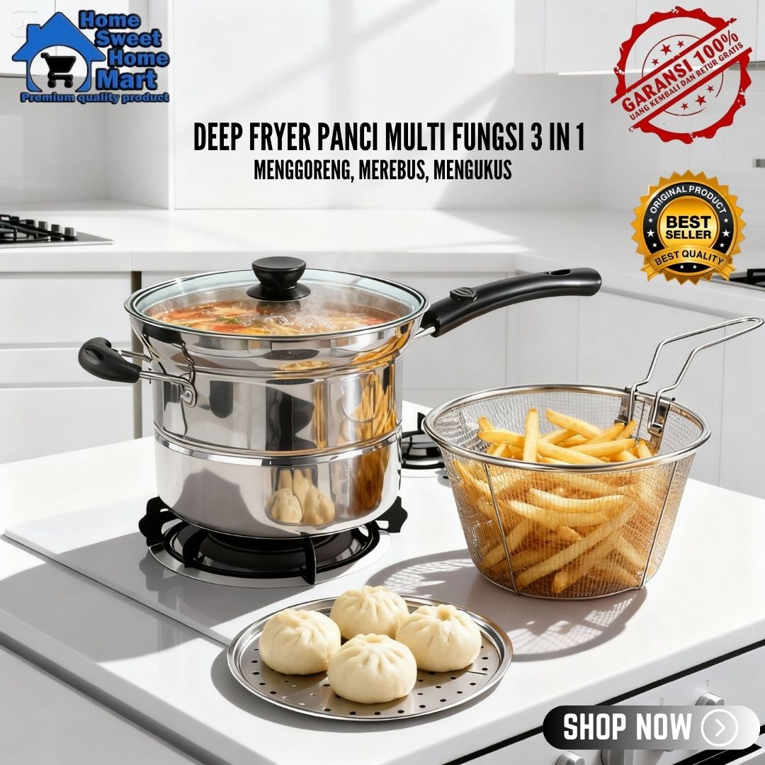 HSH DEEP FRYER STAINLESS STEEL 3IN1 MULTIFUNGSI Steam And Frying Cooking Noodle PASTA Pot Goreng Kukus…
