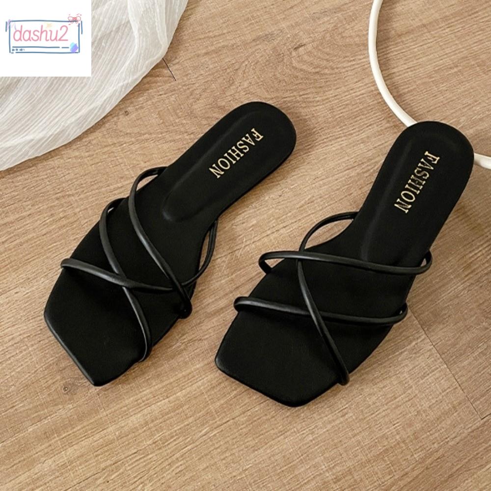 DASHU2 Da PU Giày mũi vuông Không trượt Đế mềm Dép mùa hè Đơn giản Thoải mái Dép phẳng Bãi biển