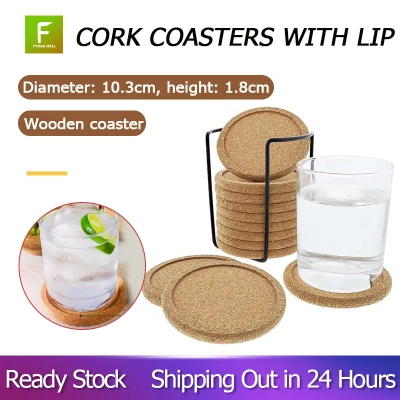 Cork Coasters with Lip for Drinks Absorbent Thick Rustic Saucer with Holder Heat & Water Resistant Best Reusable Natural Round Coasters for Bar Glass Cup Table