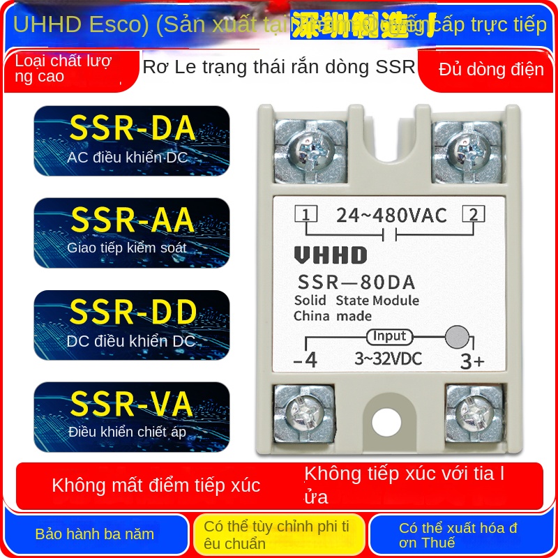 Rơ le bán dẫn chịu dòng lớn VHHD SSR-05/10/25/40/60/80, loại DA/AA/DD/VA, hàng chính hãng bán trực tiếp từ nhà máy - SSR-10DA 3-32VDC 10A