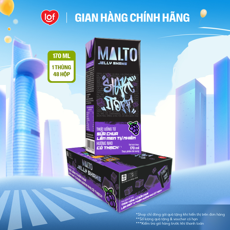Sữa chua lên men tự nhiên MALTO Jelly Shake Shake It Off hương nho có thạch thùng 48 hộp x 170ml