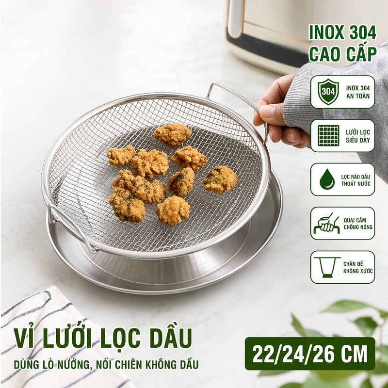 khay inox 304 vỉ ráo dầu khay tròn lưới thoát nước chống nóng chống trượt dùng nướng chiên hấp 22 24 26