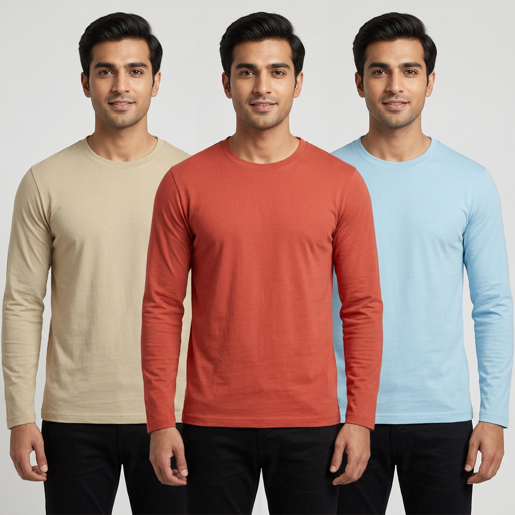 MK Garments - Pack Of 3 Premium Full Sleeves Basic Shirts Casual Wear Long Sleeve T-Shirts For Men's