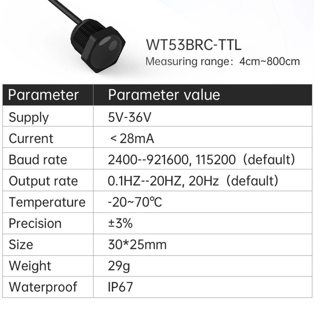 Cảm Biến Laser ToF WT53BRC(40-8000mm) | VL53L1X, Đo Khoảng Cách 400cm, RS485/TTL/IIC, Độ Chính Xác Cao, Tùy Chỉnh Baud Rate, Nhiệt Độ -20~70°C