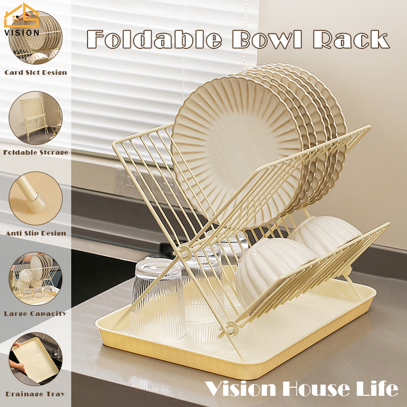 Vision Foldable Plates Drain Rack Kitchen Tableware Storage Rack with Drainer Basin Countertop Dish and Cup Drainer Iron Cutlery Rack Bowl Countertop Dish and Cup Drainer ราคา 783 บาท*ส่งฟรี