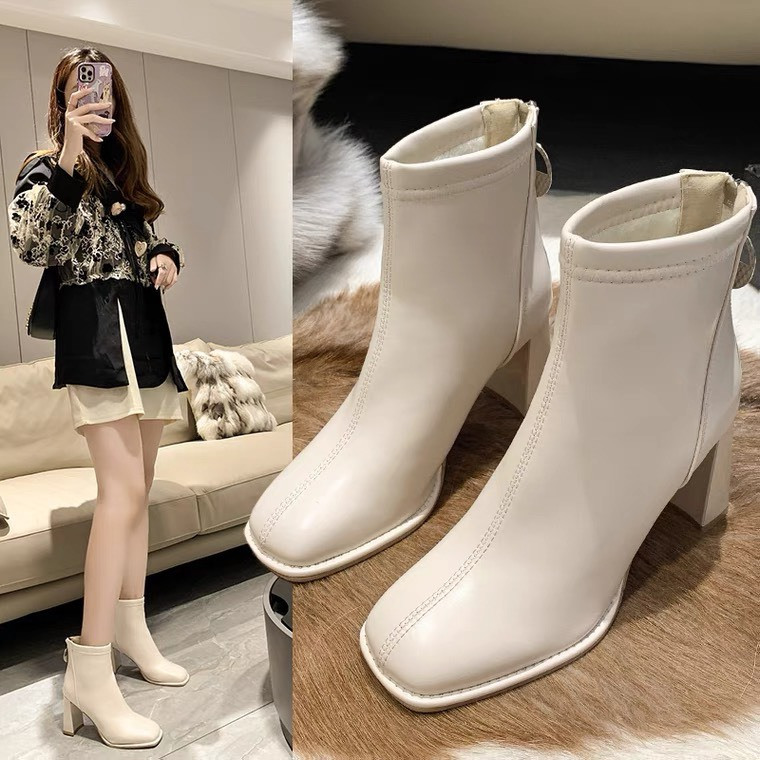 Boot nữ mũi vuông  bốt nữ lót lông gót vuông cao 9p cổ cao full box