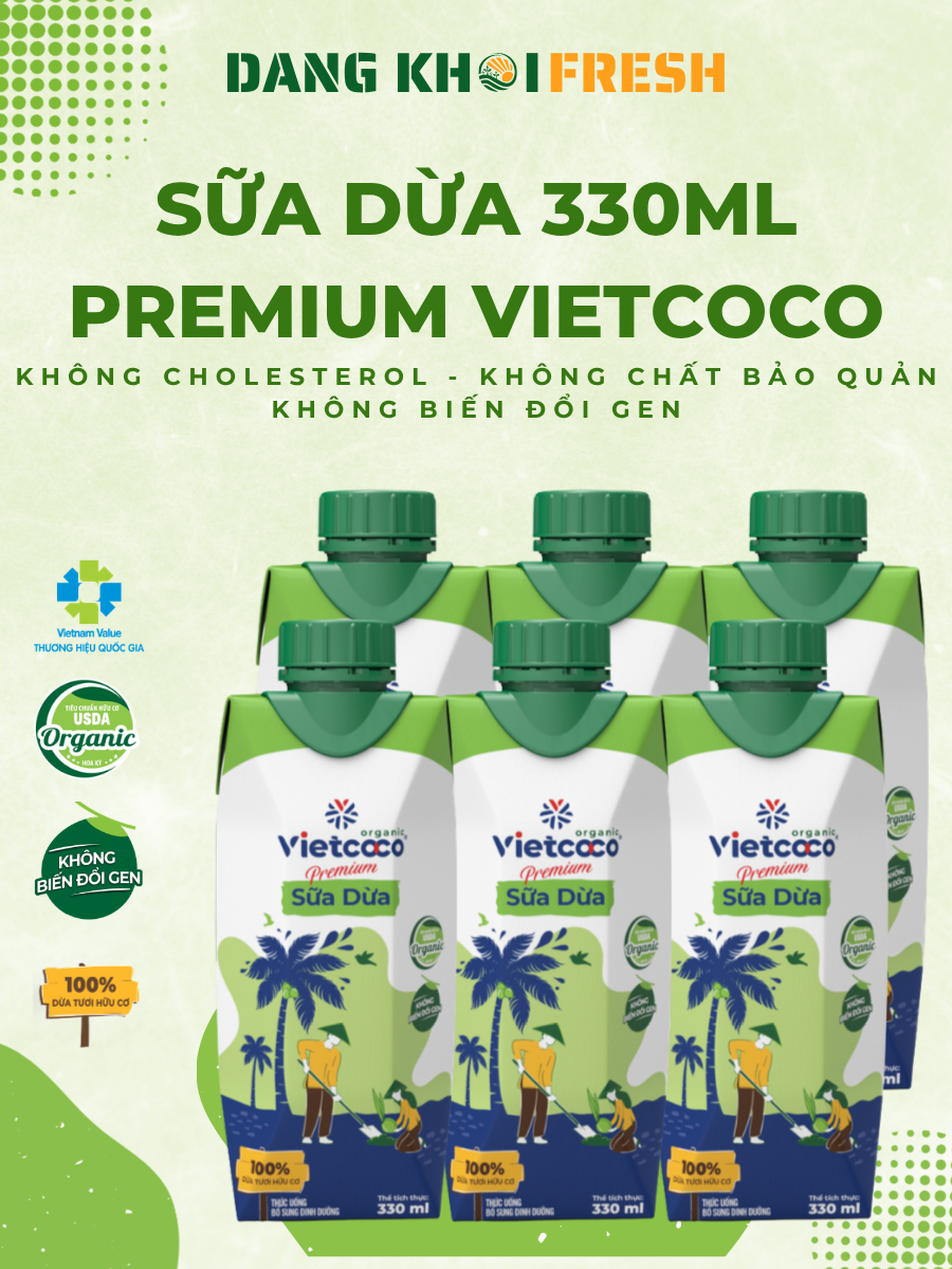 COMBO 10 Hộp Sữa Dừa Hữu Cơ Vietcoco Premium 330ml Organic Thuần Chay Không GMO, Không Cholesterol