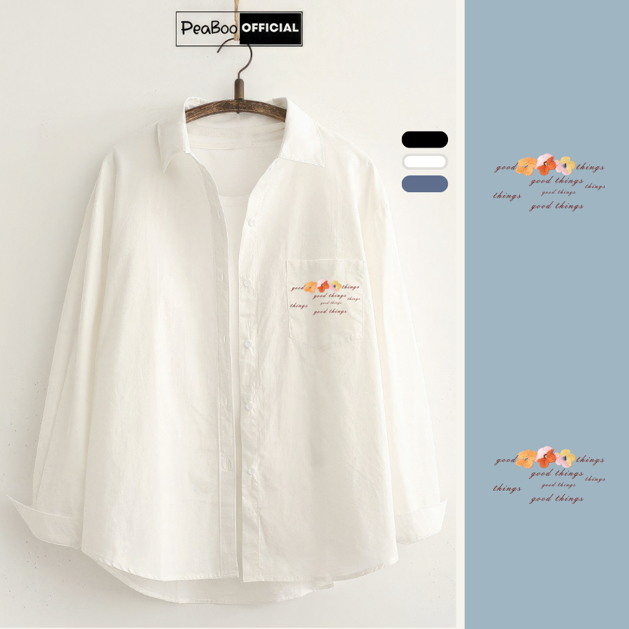  Áo Sơ Mi Nữ Sơ Mi Nam Nữ Dài Tay Unisex By PEABOO Mã BST06 In Hình Chất Đũi Xước Có Túi Ngực Form Rộng Phong Cách Hàn 