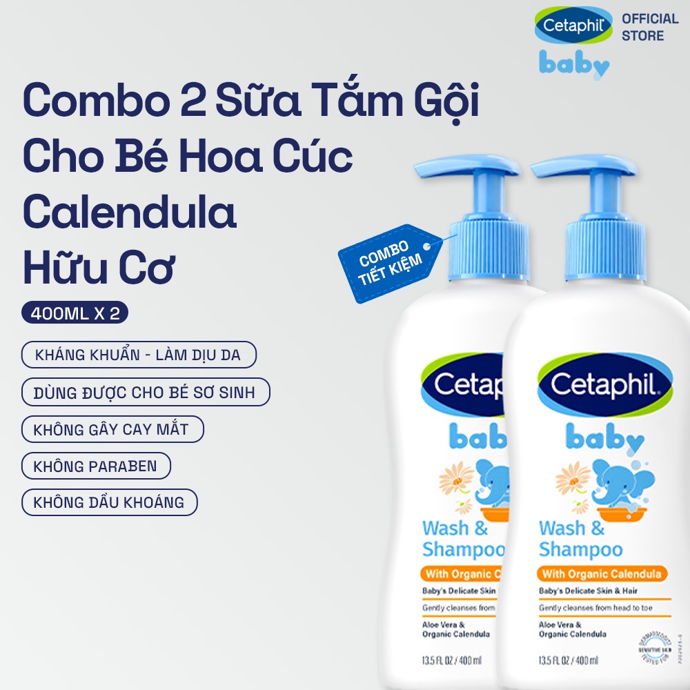 Combo 2 Sữa tắm gội dưỡng ẩm dịu lành cho bé với Calendula hoa cúc hữu cơ CETAPHIL BABY WSHAMPOO CALENDULA 400ML/Chai