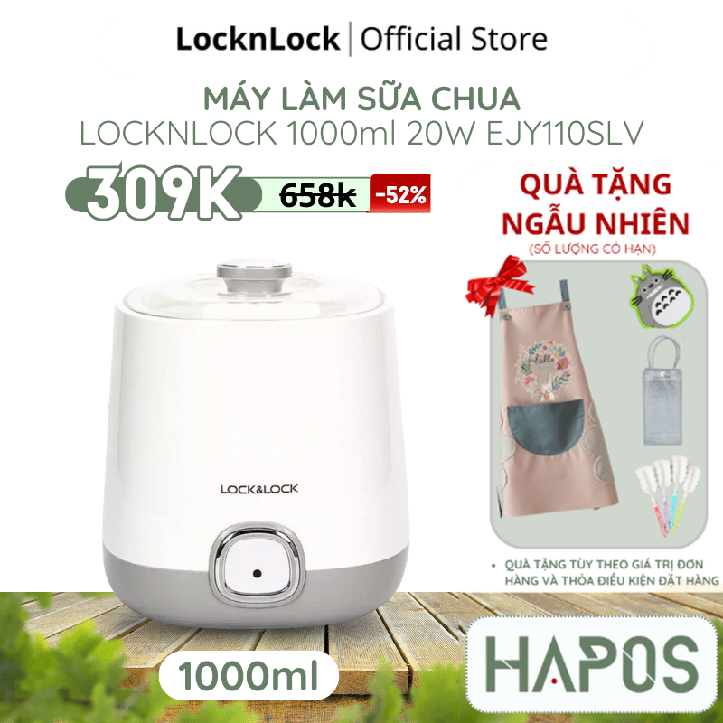 Máy làm sữa chua locknlock ejy110slv 1000ml - 20w nắp trong suốt dễ quan sát, lên men tự động - hapos
