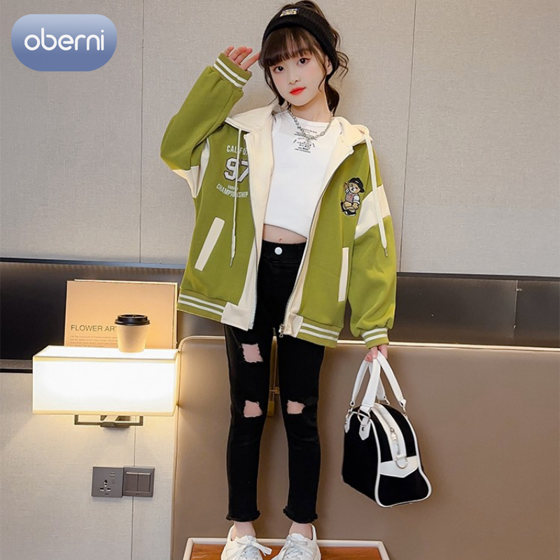 Oberni Children's coat simple Hooded Spring and Autumn Girls Zipper Tops Girls Autumn Cartoon Outfits Western Style Fashion Coats for Middle and Large Children ราคา 487 บาท*ส่งฟรี