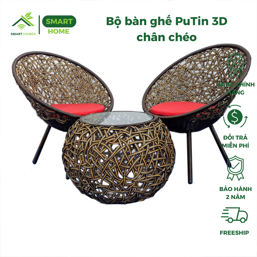 Bộ bàn ghế PuTin 3D chân chéo gồm 1 bàn và 2 ghế giả mây lõi thép dùng thư giãn trang trí sân vườn b