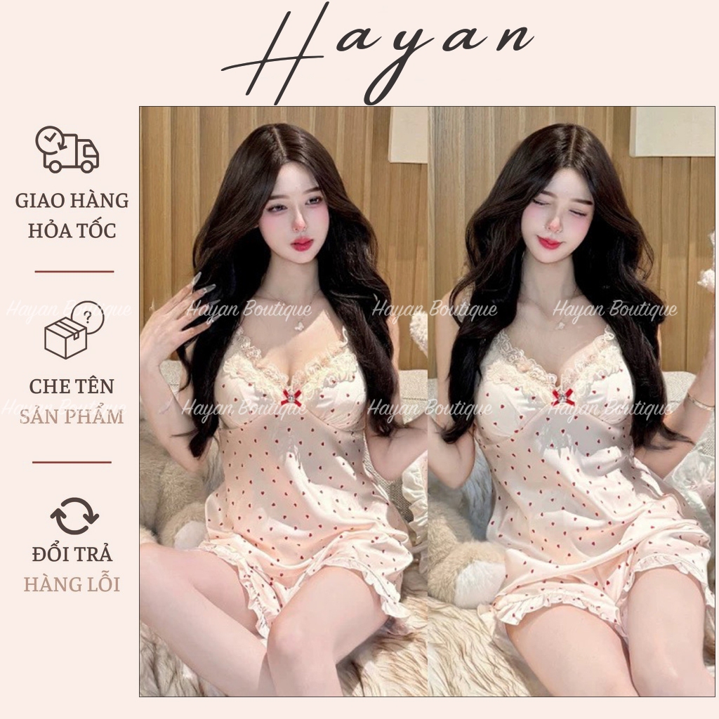 HT198 Bộ ngủ sexy 2s phối ren vạt xẻ v1 kèm ĐỆM LÓT hoa tiết tim,đồ ngủ lụa 2s quyến rũ HT198