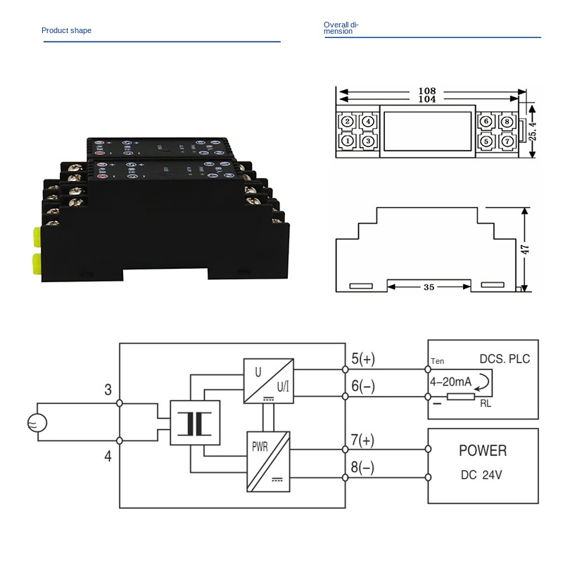 Bộ Chuyển Đổi Dòng/Điện Áp  TET-AI 0-5A/500V sang 4-20mA, 2 Dây, 24V, Tương Thích RS485, Tự Động Hóa Công Nghiệp - AC0-500V/4-20mA