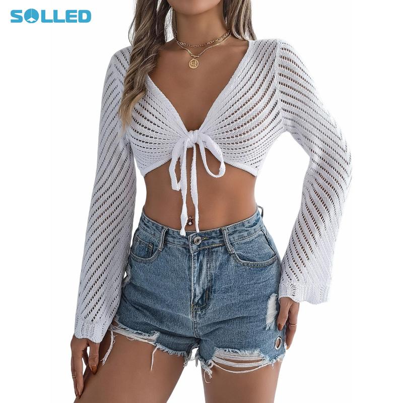 Women's Bell Crop Top V-neck Tie Front Cardigan Shirt Summer Casual Hollow Cut Clothes Soft Comfy Wear
