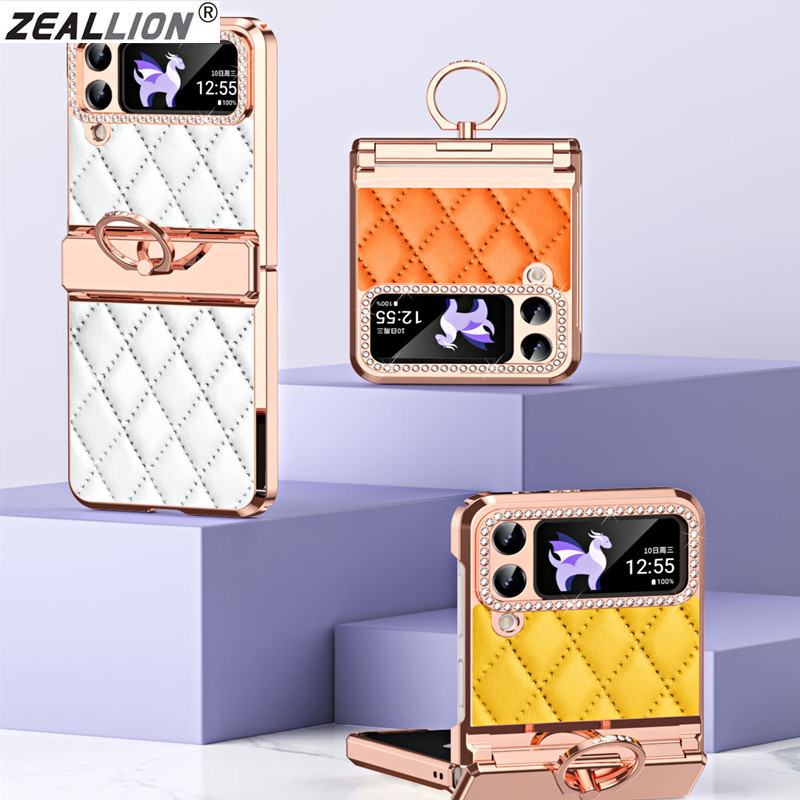Zeallion Glitter Leather Finger Ring Case For [Samsung Galaxy Z Flip 4 3 5G] Luxury Folding Hinge Plating Shockproof Cover