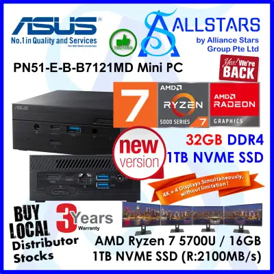 (ALLSTARS : We are Back/ Mini PC Promo) ASUS PN51 Ryzen7 5700U / PN50-E-B-B7121MD +32GB 3200MHz + 1TB NVME SSD + Unactivated MS Win10 Home (AMD Ryzen 7 5700U / Intel WiFi 6 / BT5.0 / GBE LAN / HDMI+DP / USB3.2 Type-C+Type-A / card reader / Wless KB+Mouse)