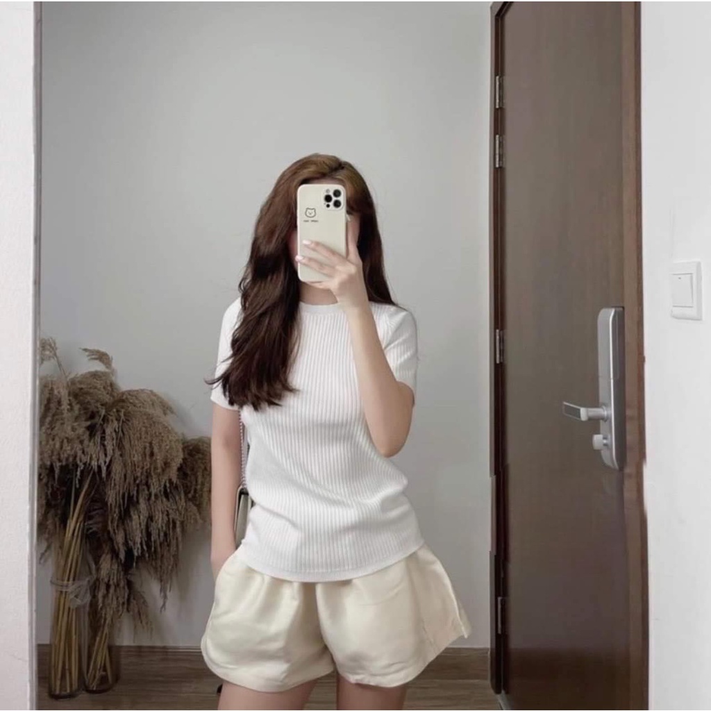 Set 3 áo thun gân hàng xuất xịn - Áo thun nữ cổ tròn ôm body - HiiNCloset
