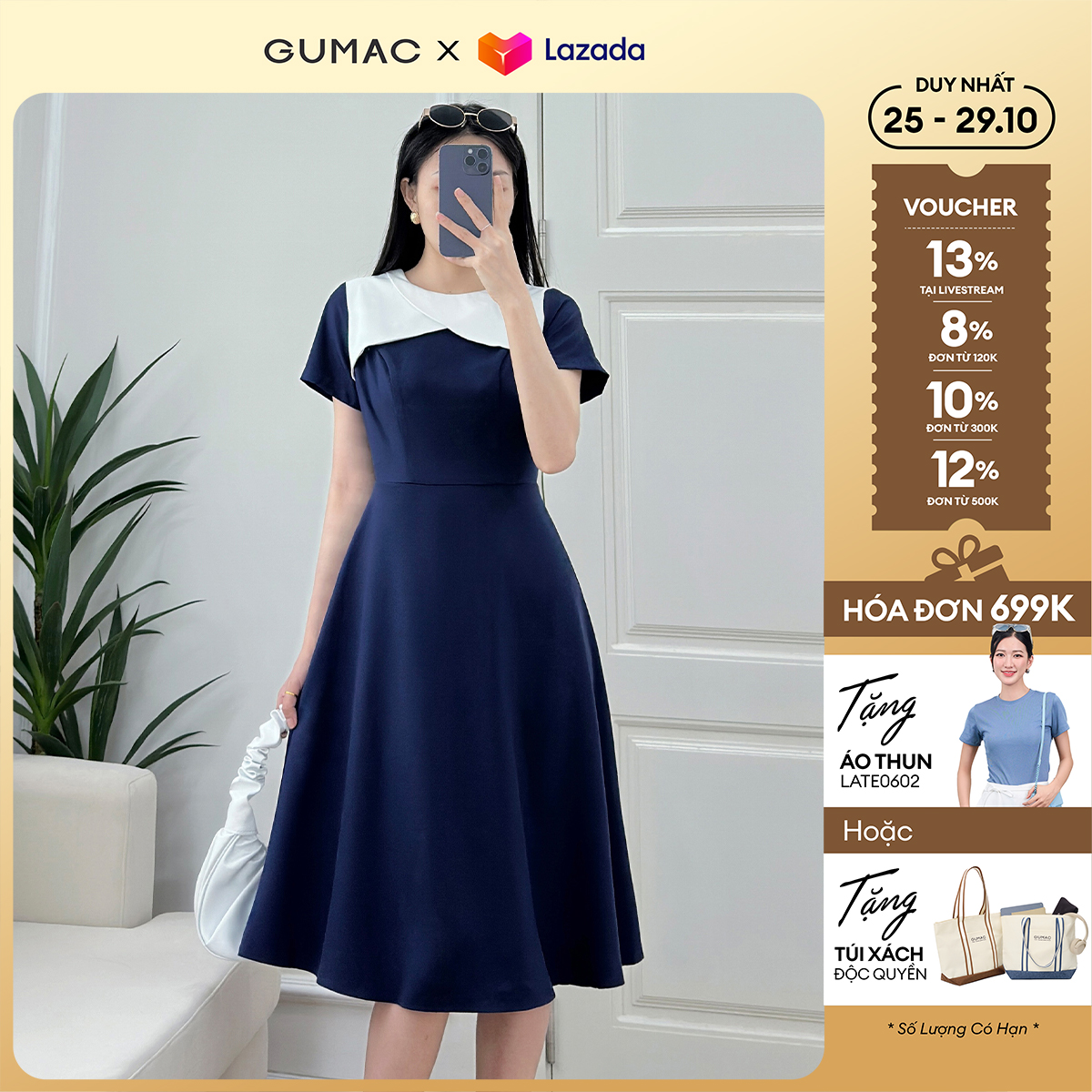 Đầm nữ dáng A xòe kiểu tay ngắn phối cổ có túi chất liệu chéo thái mịn mát thời trang GUMAC LDF0402