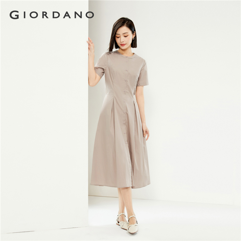 GIORDANO Nữ Váy 100% Cotton Poplin Áo Sơ Mi Áo Cổ Tròn Thu Eo Đơn Giản Thời Trang Xếp Ly Áo 05464316