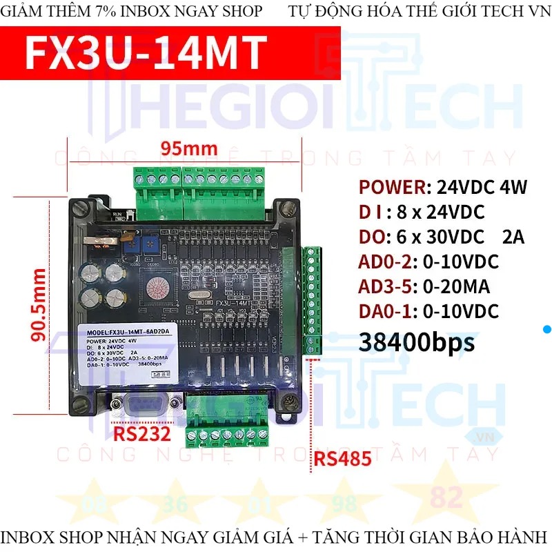 Bộ lập trình logic điều khiển công nghiệp PLC FX3U 6AD 2DA 14MR 14MT 8 ngõ vào X, 6 ngõ ra Y RS232 38400bps RS485 modbus TGT - FX3U-14MT1