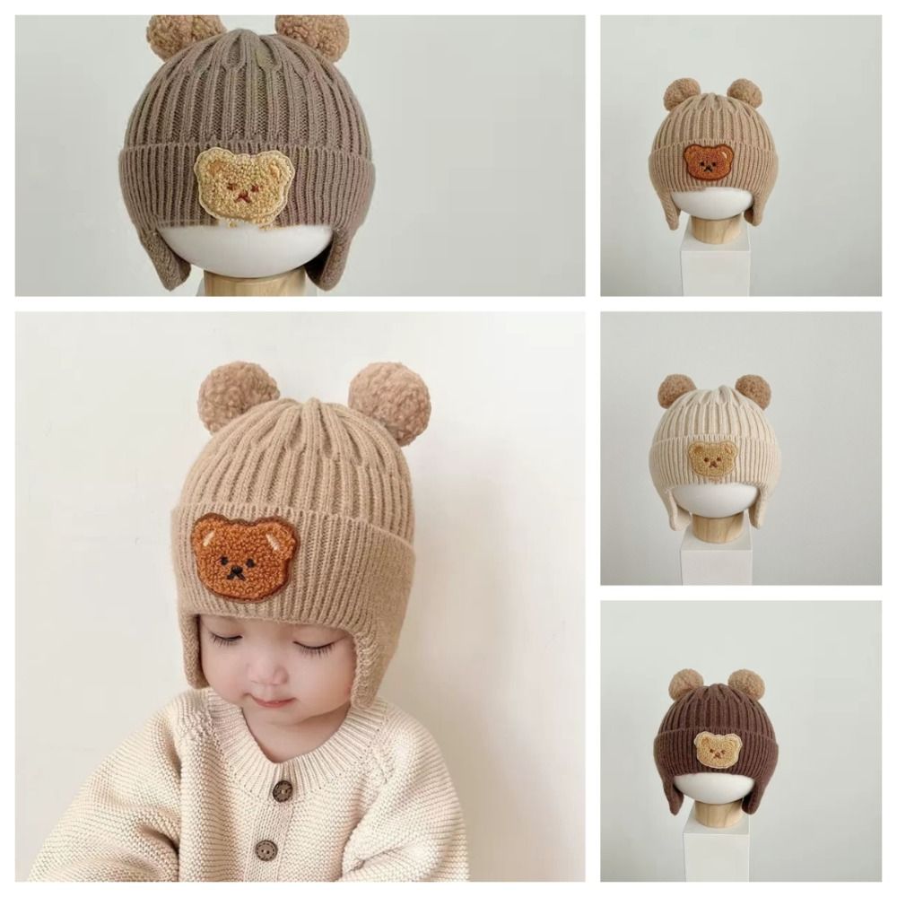 QVPYP Hoạt hình Mũ Dệt Kim bảo vệ tai gấu Len Màu trơn Mũ Beanie cho bé Ấm