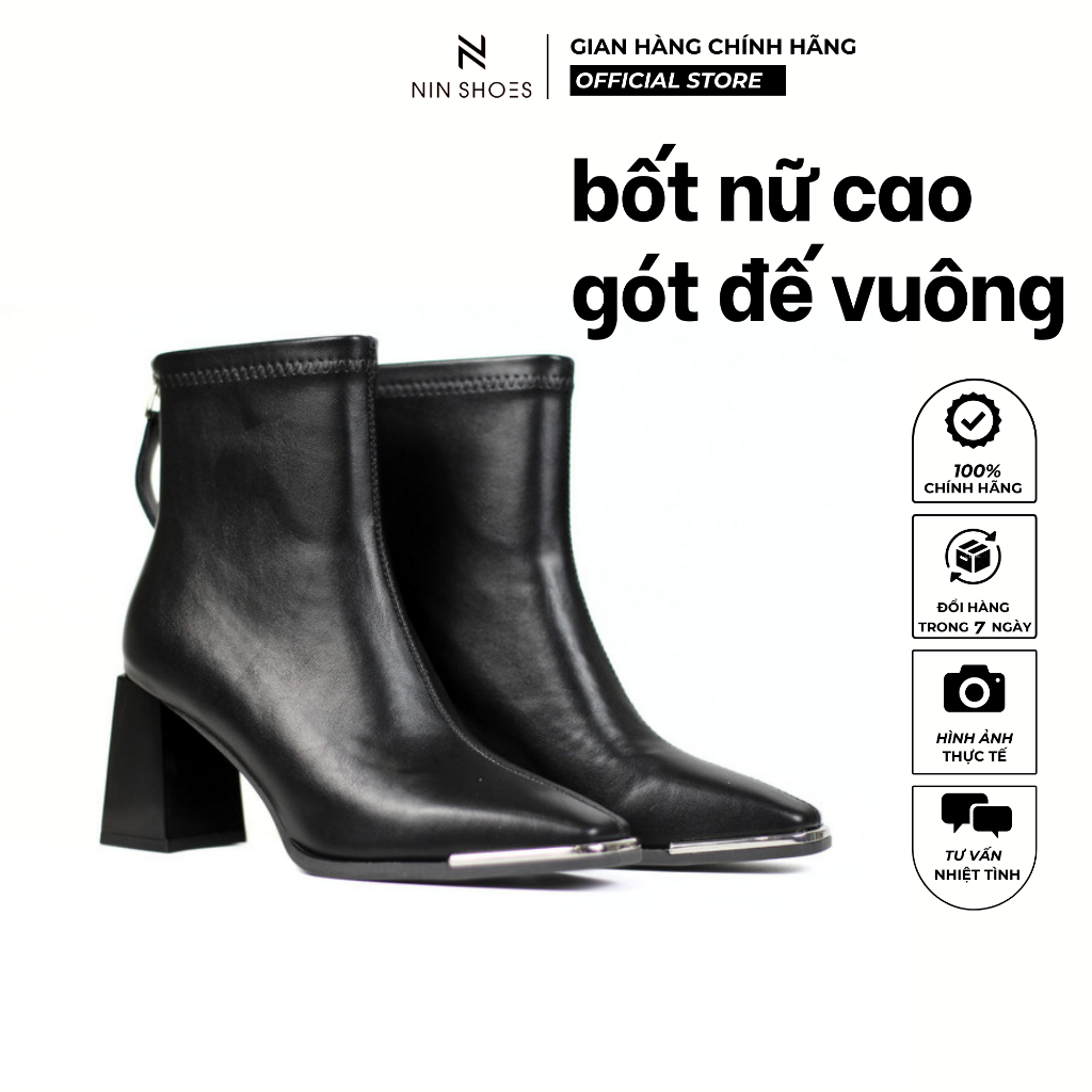Boot nữ cổ thấp Ninshoes giày cao cổ cao mũi vuông mạ bạc da si ôm chân siêu hottrend mùa thu đông