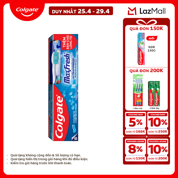 [Chỉ 25-29.4_X2 Voucher giảm 20%] Kem đánh răng Colgate MaxFresh ULTRAFREEZE the mát gấp 10X 225g /tuýp tặng bàn chải đánh răng lông mềm
