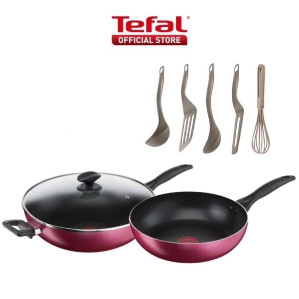 Tefal Clean & Light (Fry Pan 26cm+Wok Pan32cm w/lid) B224S3 + Tefal Fresh Kitchen Tool 5pc Set (Whisk, Ladle, Pancake Spatula, Long Spatula, Spoon) K210S5 Singapore