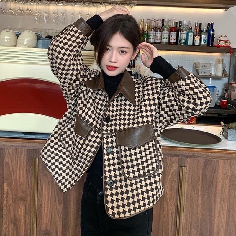 Áo khoác nữ phối tay da chất liệu dạ tweed cao cấp, mềm mịn phong cách hàn quốc