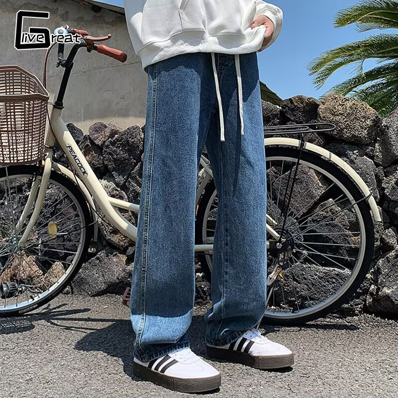 LIVE GREAT |Quần nam quần Jean ống đứng dáng rộng quần màu đèn giản dị thiết kế dây rút eo