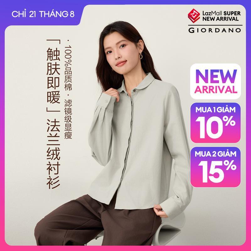 GIORDANO Women Shirts 100% Cotton Flannel Shirts Concealed Placket Long Sleeve Fashionable Casual Relaxed Shirts 13346973