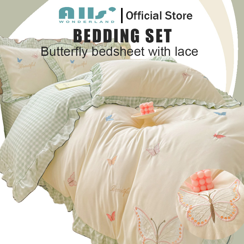 Alls' Wonderland Luxury Bedding Set Embroidery Butterfly Bedsheet With Lace Duvet Cover Set Single Queen King ราคา 995 บาท*ส่งฟรี