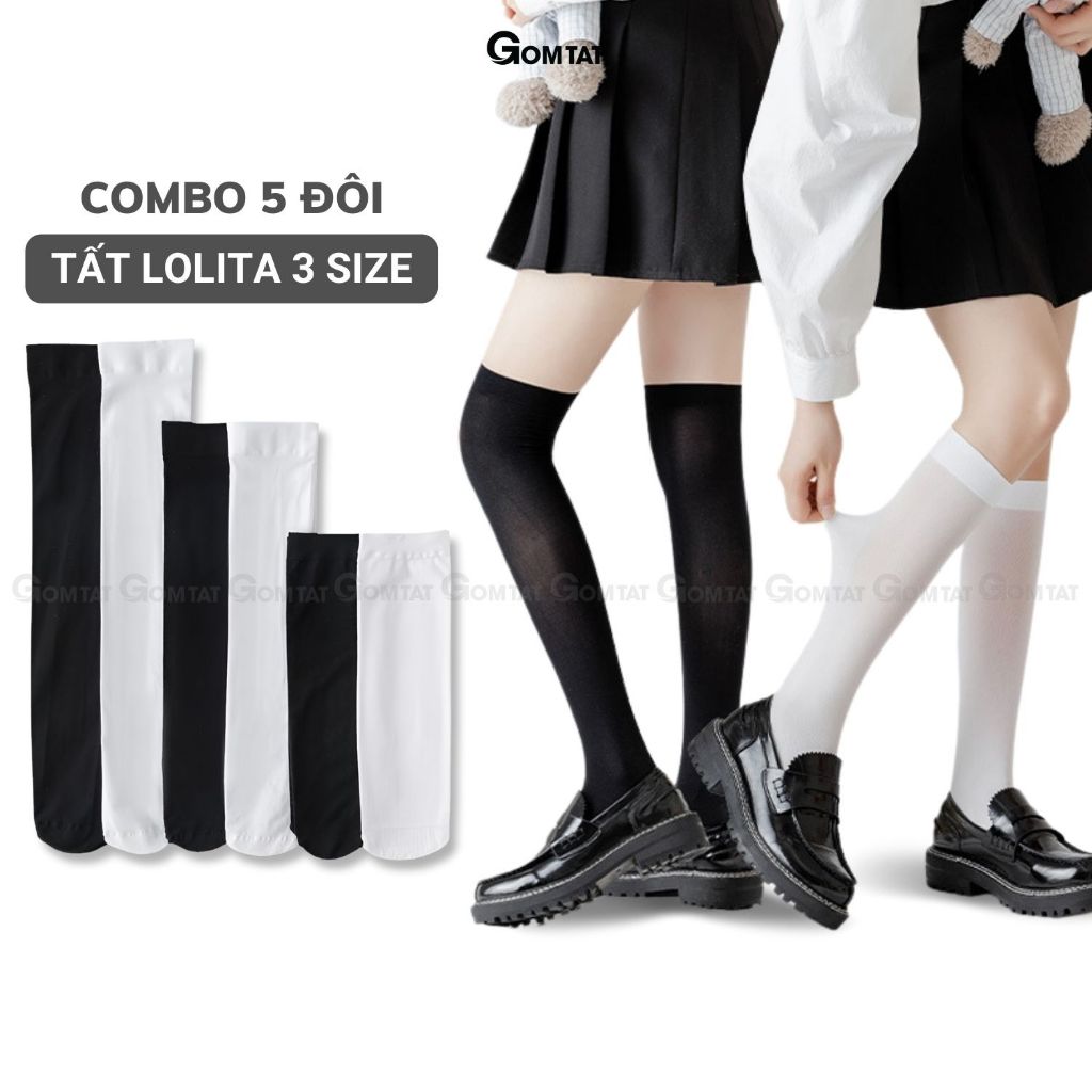  Combo 5 đôi tất lolita nữ GOMTAT cổ cao dưới gối và qua gối trơn trắng đen chất liệu thun lạnh mềm mịn - HOT-1805-CB5 