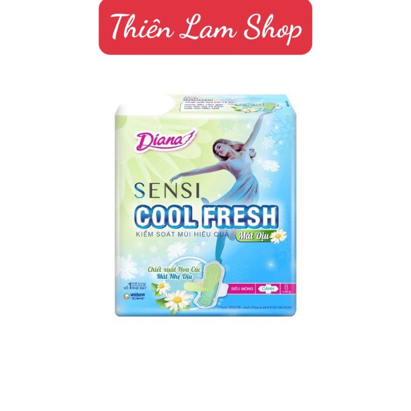 Băng vệ sinh Diana Sensi Cool Fresh Mát Nhẹ Dịu Siêu Mỏng cánh-Gói 8 miếng