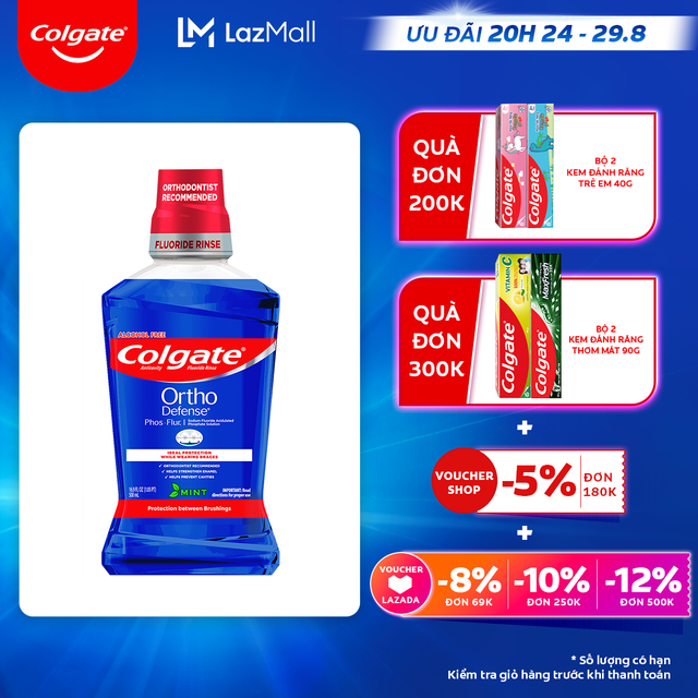 [Ưu đãi 20H 24.8 - 29.8_Áp voucher Colgate 5% + voucher LZD 8%]Nước súc miệng Colgate Ortho với công thức chuyên biệt cho người niềng răng 500ml