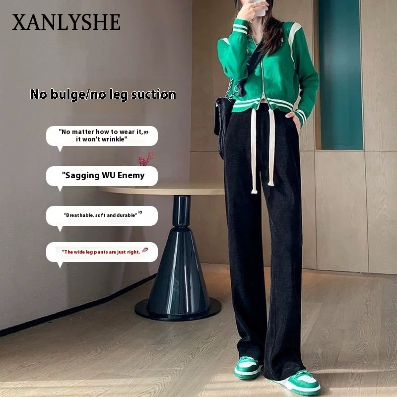 XANLYSHE กางเกงขากว้างลายก้างงูผู้หญิงฤดูร้อนหลวมผ้าไหมน้ำแข็งเอวสูงใส่แล้วดูผอมจับจีบเข้าชุดง่าย ราคา 52 บาท*ส่งฟรี