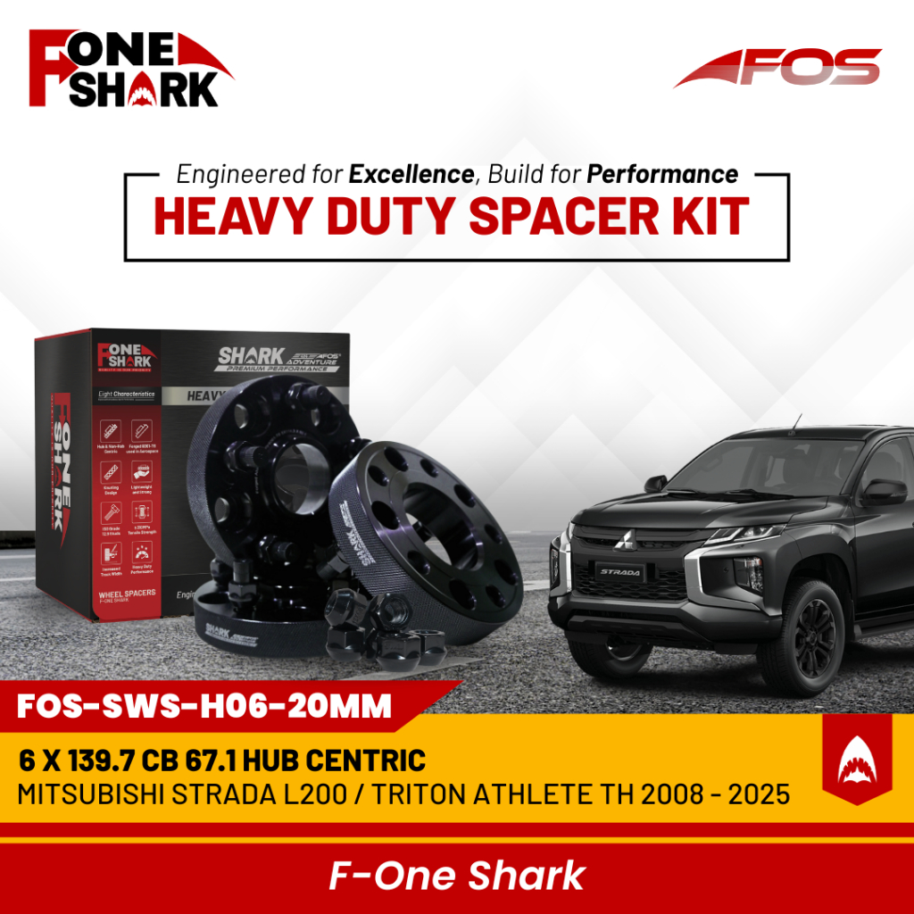 F-one shark FOS heavy duty wheel spacer adaptor Roda Velg Mitsubishi Strada L200/Triton athlete th 2008 - 2025 forged aluminium alloy 6061-T6 PCD 6x139.7 CB 67.1 hub centric Harga 1,200,000 rupiah*Gratis Ongkir