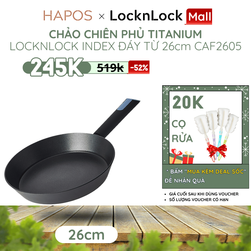 Chảo locknlock index chống dính size lớn 26cm, phủ titanium cao cấp đáy bếp từ, có móc treo caf2605 - hapos official