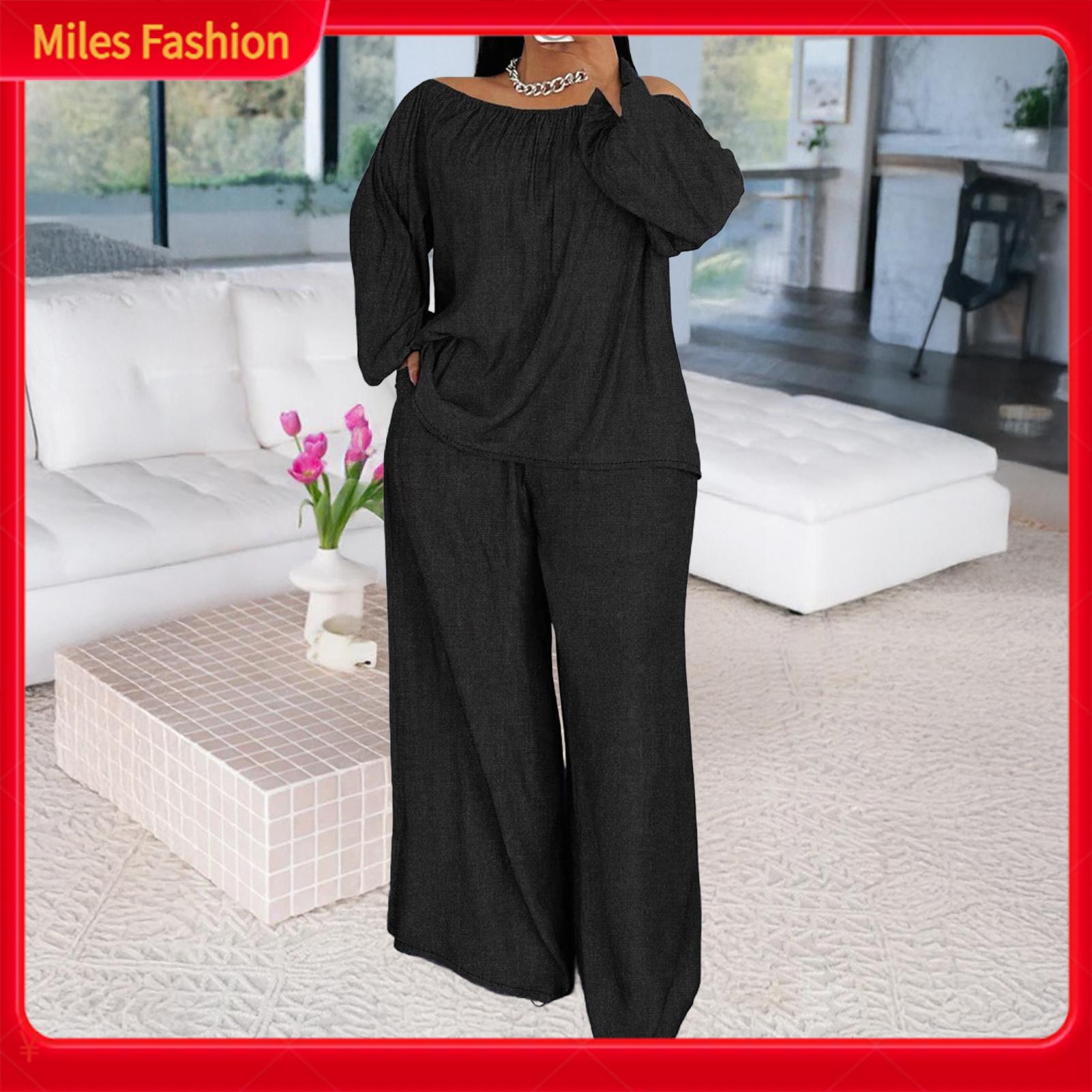 Bộ hai mảnh nữ trang phục Polyester giản dị thiết lập hở vai hàng đầu và quần legging rộng Bộ quần cho phụ nữ hoàn hảo cho đi ra ngoài hoặc lounging cỡ lỡn có sẵn