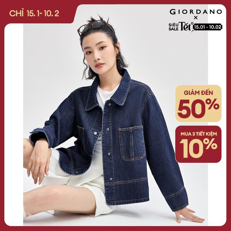 GIORDANO Nữ Áo khoác Áo khoác denim giặt sạch cổ tròn, túi lớn, thời trang thường ngày, rộng rãi 18373203