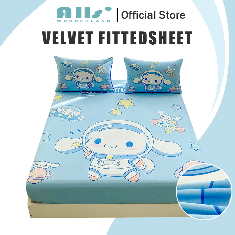 Alls' Wonderland Velvet Fitted Bedsheet Sanrio Series Fittedsheet Kuromi Hello Kitty Cinnamon Dog Soft Warm Fitted Bed Sheet ราคา 220 บาท*ส่งฟรี