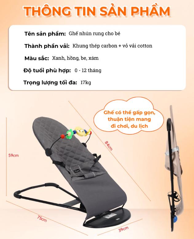 Ghế Nhún Rung Gấp Gọn Cao Cấp chống võng lưng cho trẻ sơ sinh, chất liệu cotton thoáng mát an toàn